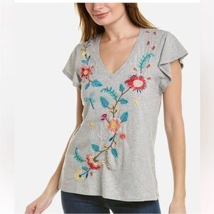 Johnny Was Grey Grace Flutter Sleeve Embroidered V Neck Tee Shirt Boho Peacock